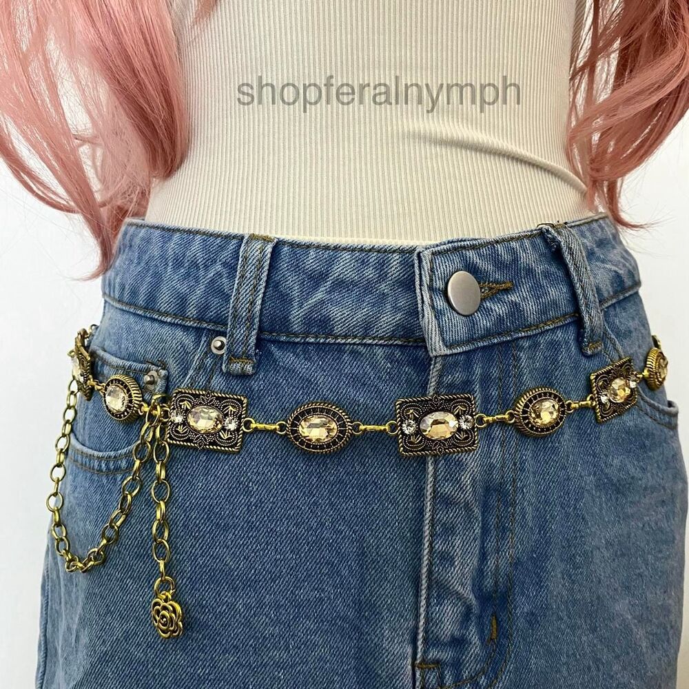 Antique Gold Y2K Champagne Jewel Chain Belt, Fits 25-44 Inches, X7GA1478